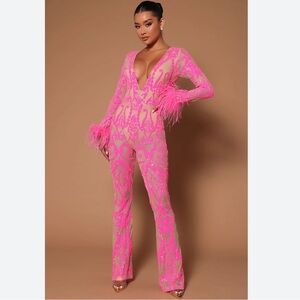 Fashion Nova A Dancing Queen Sequin Feather Jumpsuit Pink Size Medium NWTS